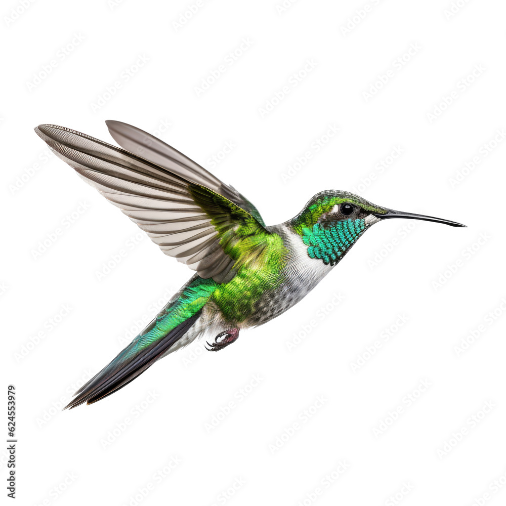 Fototapeta premium an Emerald-chinned hummingbird (Abeillia abeillei) in-flight, wings spread, a side view in a Nature-themed, photorealistic illustration in a transparent PNG, cutout, and isolated. Generative AI