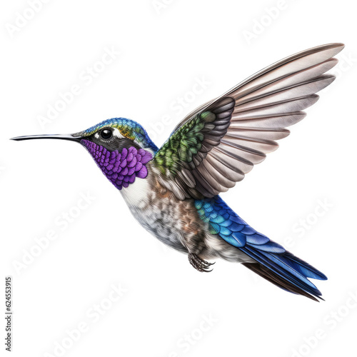 an oasis hummingbird (Rhodopis vesper )in-flight, wings spread a side view in a Nature-themed, photorealistic illustration in a transparent PNG, cutout, and isolated. Generative AI