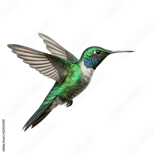 an Emerald-chinned hummingbird (Abeillia abeillei) in-flight, wings spread, a side view in a Nature-themed, photorealistic illustration in a transparent PNG, cutout, and isolated. Generative AI