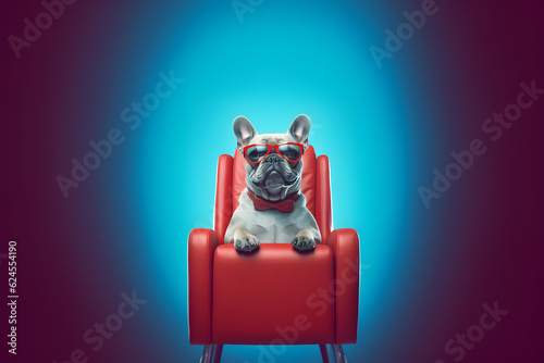 Stylish Dog: Chill Vibes on a Red Chair against Blue Backdrop, generative ai © Marc