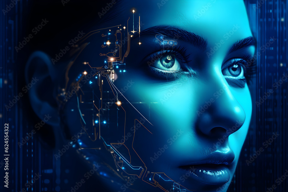 Cyborg ai women in blue enlighten lights and data wire, generative ai