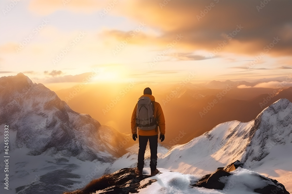 Hiker on top of Mountain watching the sunrise, generative ai