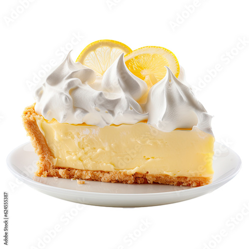 a piece of delicious lemon meringue pie, cooked to perfection,  dessert  Food-themed, photorealistic illustration in a PNG, cutout, and isolated. Generative AI