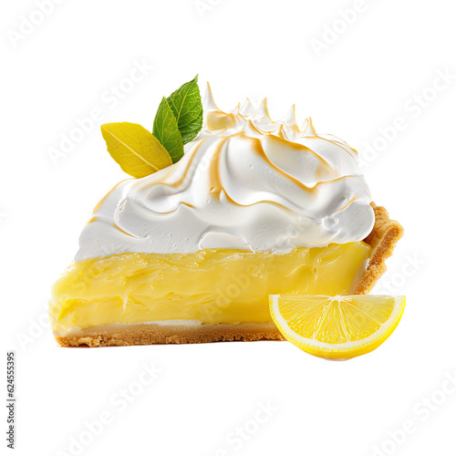 a piece of delicious lemon meringue pie, cooked to perfection, dessert Food-themed, photorealistic illustration in a PNG, cutout, and isolated. Generative AI