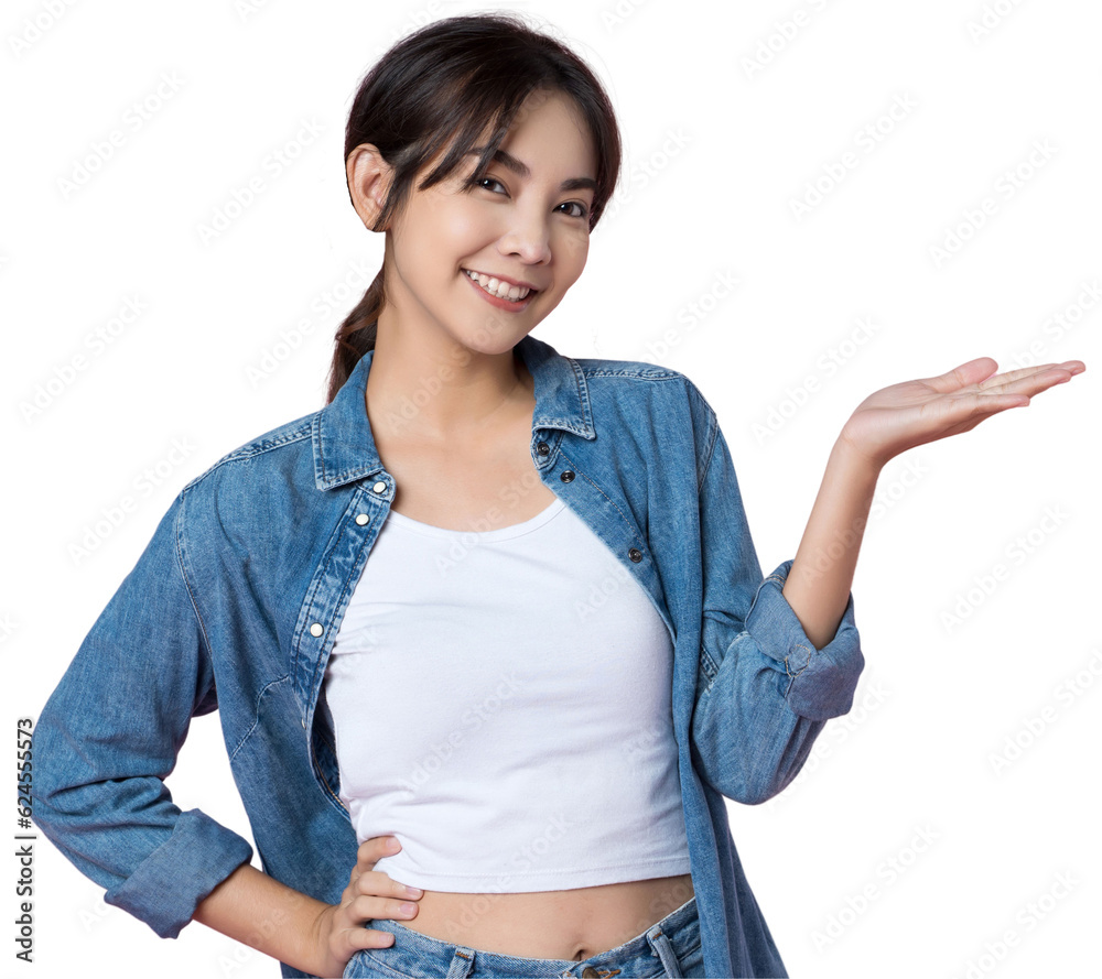 Young happy Asian woman pointing showing hands up presentation to copy space she wearing jean shoot in isolated background Young happy Asian woman pointing showing hands up presentation to copy space she wearing jean shoot in isolated background