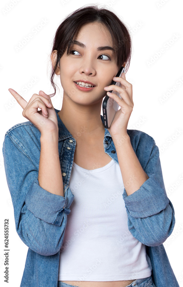 Young Asian woman talking on the phone holds cellphone making answering call on isolated background Young Asian woman talking on the phone holds cellphone making answering call on isolated background