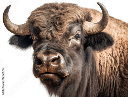 Cute wild buffalo face and white background. Generative AI