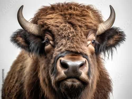 Cute wild bison priscus portrait and white background. Generative AI