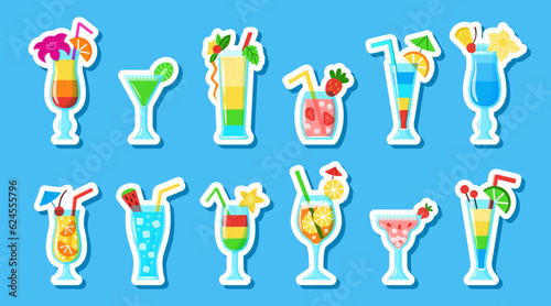Vector Cocktails Stickers Collection isolated on blue. Summer Cold Colorful Cartoon Drinks with fruit slices and flowers