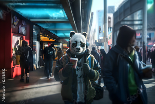 Urban Panda bear in the city walking around with a cup of coffee, generative ai 