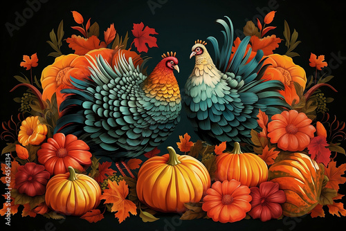 Autumn illustration with turkeys pumpkins and flowers for Thanksgiving day.