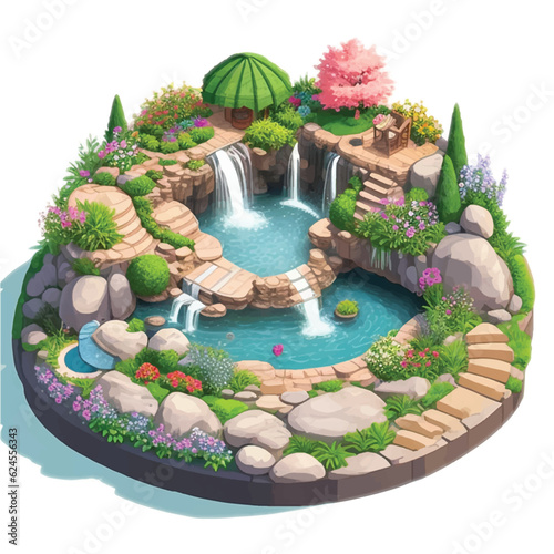 Round Garden with waterfall vector