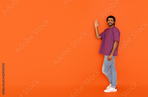 Happy indian guy in casual showing okay, copy space