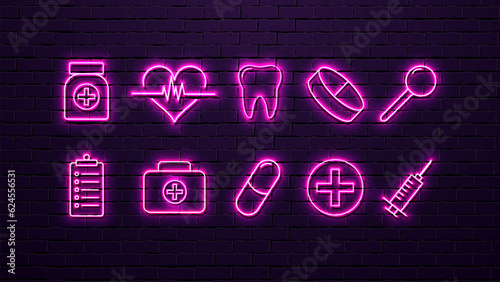 A set with neon icons for medicine  heart  cross  syringe  capsule  tablet  tooth  magnifying glass against a purple brick wall.