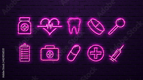 A set with neon icons for medicine: heart, cross, syringe, capsule, tablet, tooth, magnifying glass against a purple brick wall.