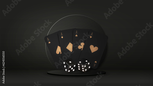 A casino concept with poker cards and dice on a podium in black and gold on a dark background.
