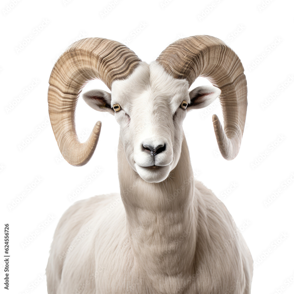 a stunning, Dall Sheep ram (Ovis dalli dalli) with full curl, portrait in a Wildlife-themed, photorealistic illustration in a PNG, cutout, and isolated. Generative AI a stunning, Dall Sheep ram (Ovis dalli dalli) with full curl, portrait in a Wildlife-themed, photorealistic illustration in a PNG, cutout, and isolated. Generative AI