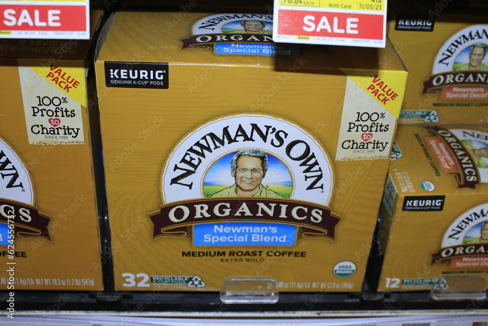 NEWMAN'S OWN Organic Coffee in boxes on a shelf Stock Photo Adobe Stock