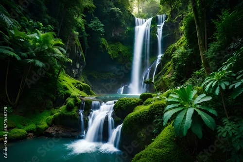 ethereal beauty of a waterfall nestled within a lush tropical jungle - AI Generative © Being Imaginative