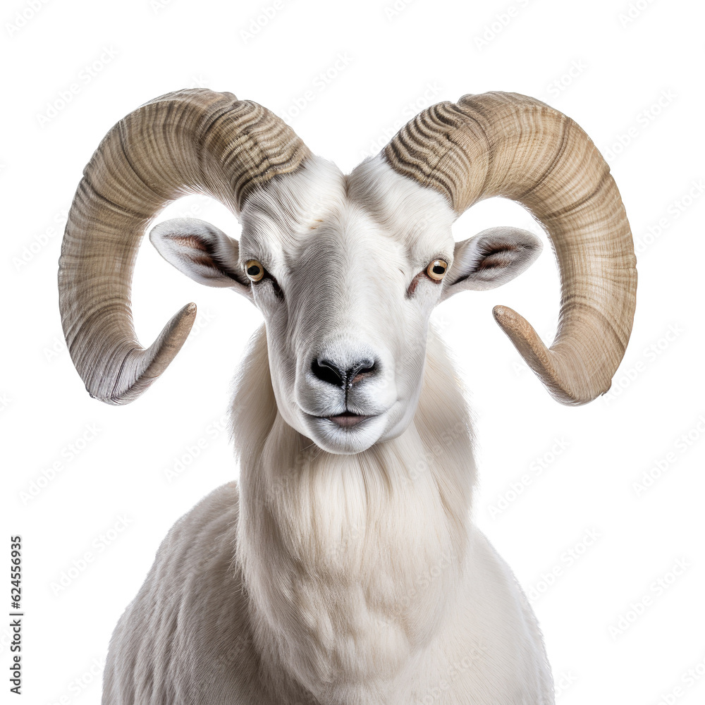 a stunning, Dall Sheep ram (Ovis dalli dalli) with full curl, portrait in a Wildlife-themed, photorealistic illustration in a PNG, cutout, and isolated. Generative AI