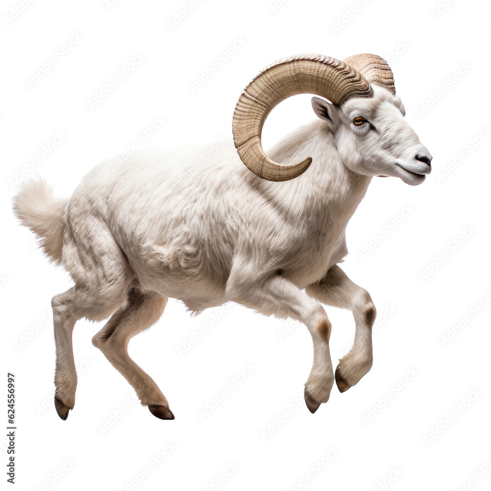 a Dall Sheep (Ovis dalli dalli) ram with full curl, in motion, running jumping in a Wildlife-themed, photorealistic illustration in a PNG, cutout, and isolated. Generative AI a Dall Sheep (Ovis dalli dalli) ram with full curl, in motion, running jumping in a Wildlife-themed, photorealistic illustration in a PNG, cutout, and isolated. Generative AI