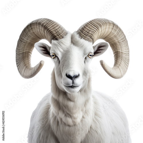 a stunning, Dall Sheep ram (Ovis dalli dalli) with full curl, portrait in a Wildlife-themed, photorealistic illustration in a PNG, cutout, and isolated. Generative AI © Purple Penguin GFX