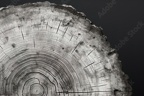 Warm gray cut wood texture. Detailed black and white texture of a felled tree trunk or stump. Rough organic tree rings with close up of end grain