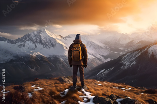 Fotografia Hiker watching sunset on top of a mountain, generative ai