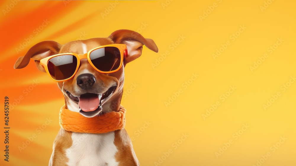 a happy dog with sunglasses with fresh contemporary summer colors for a horizontal background for product display/mock-up with copy space.  Decor-themed in a JPG format. Generative AI