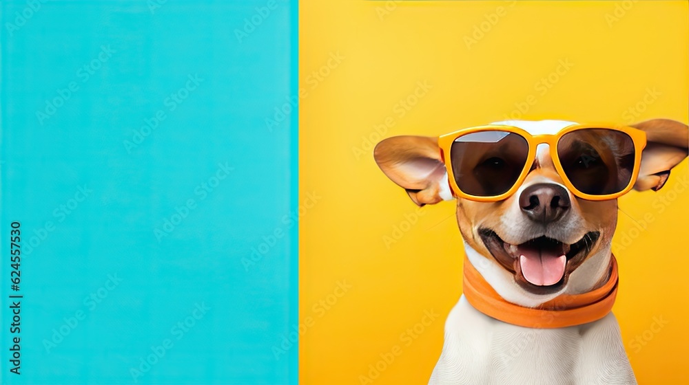 a dog wearing sunglasses with a yellow and turquoise split background with room for copy in a horizontal format in a Whimsical summer-themed, photorealistic illustration in JPG. Generative ai