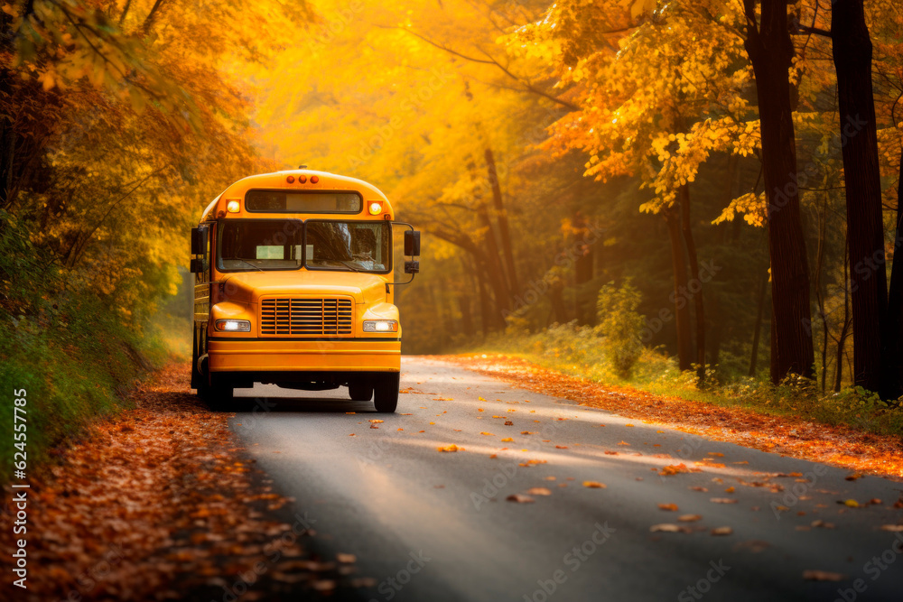 School yellow bus. Back to school concept. Background with selective focus and copy space