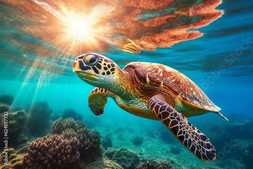 Beautiful turtle under sea water. AI generated  human enhanced.