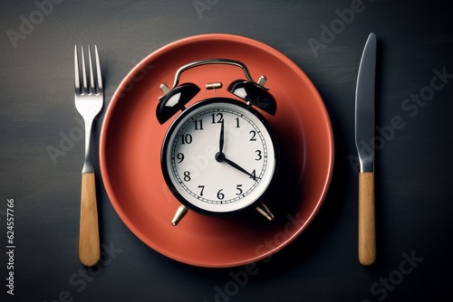 Alarm clock on a plate. The concept of proper regular nutrition. Background with selective focus and copy space