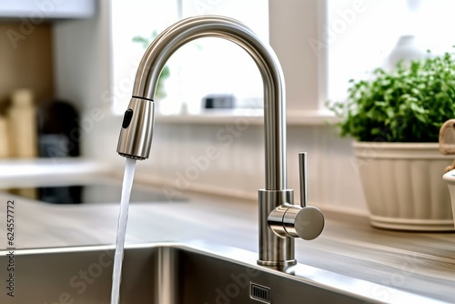 Close-up of a kitchen faucet with running water. Modern kitchen interior design concept. AI generated  human enhanced