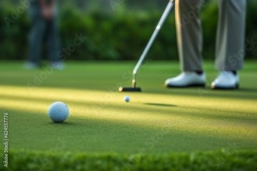 Golf ball on artificial turf. Background with selective focus and copy space