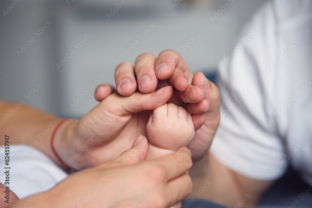 Feet of a newborn baby in parents hands. Mum and Dad hug their baby's legs. Feet of a newborn baby in parents hands. Mum and Dad hug their baby's legs.