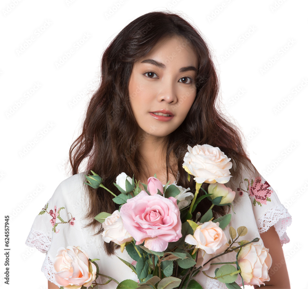 Young Asian woman holding a bouquet on hand isolated background Young Asian woman holding a bouquet on hand isolated background