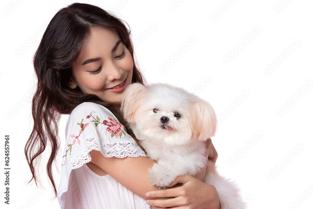 Young Asian woman with her dog chihuahua hug and feeling happy shoot in isolated background Young Asian woman with her dog chihuahua hug and feeling happy shoot in isolated background