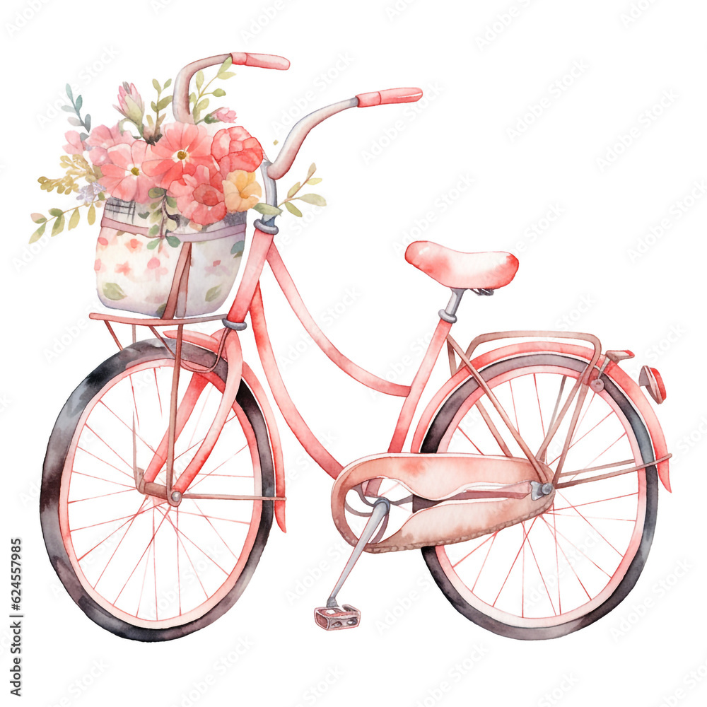 watercolor illustration of a bicycle with flowers isolated on white background. Vintage style