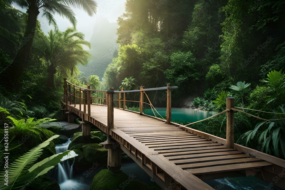 Fototapeta premium An old wooden bridge in a dense jungle - AI generative