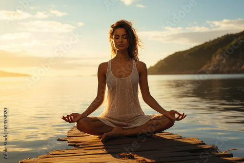 Serenity by the Seashore. Woman practicing yoga at the seashore during sunset. Tranquility and inner peace concept. AI Generative