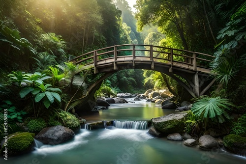 An old wooden bridge in a dense jungle - AI generative