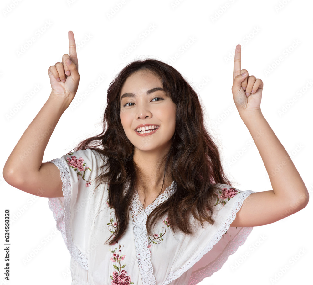 Young Asian woman pointing fingers up to empty space isolated background Young Asian woman pointing fingers up to empty space isolated background