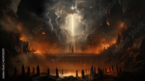 Judgment Day. Angry God stands against the backdrop of blazing fiery sky. Religious apocalypse AI