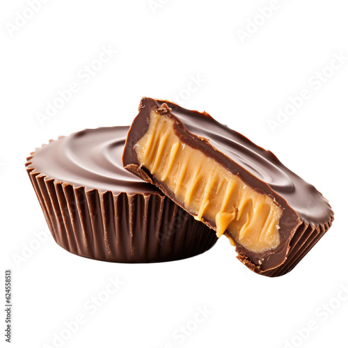 a peanut-butter cup of Milk Chocolate in a Food-themed, photorealistic illustration in a PNG format, cutout, and isolated. generative AI photo