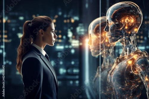 Woman opposite AI. The concept of confrontation between humanity and artificial intelligence