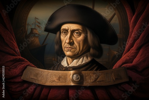 Portrait of Christopher Columbus in the style of classical artists painting. The concept of Columbus day and the discovery of America.