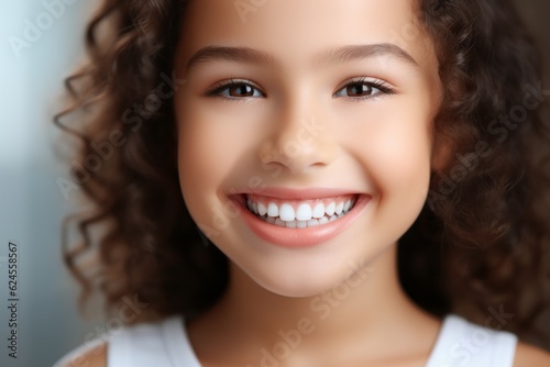 A girl with perfectly white healthy teeth. Portrait with selective focus and copy space