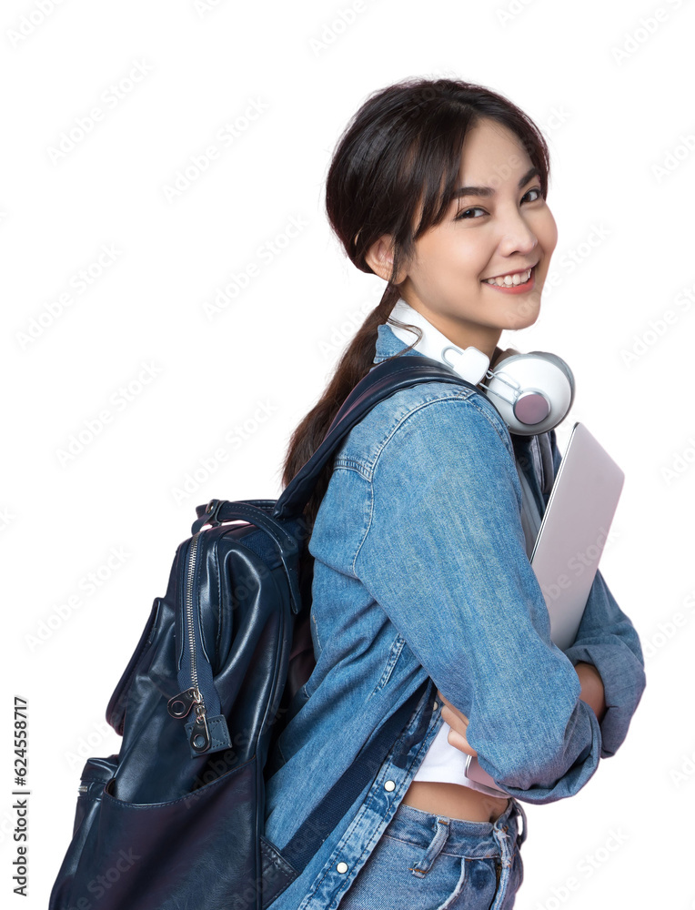 Portrait of young Asian woman student standing with smartphone coffee and backpack.College Teenager University concept. Portrait of young Asian woman student standing with smartphone coffee and backpack.College Teenager University concept.