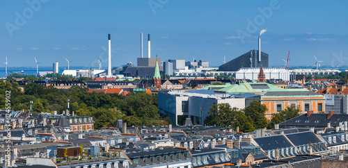 Aerial view of the rooftops of Kartoffelraekkerne neighborhood  in Oesterbro  Copenhagen  Denmark. The neighbourhood built in the late 1800s for working class families